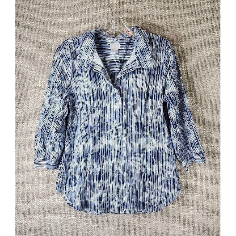 Chico's No-Iron Chic Stretch 1/2  Button Blouse Womens US 0/2 Blue Floral EUC